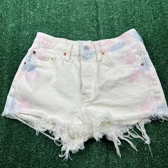 Levi's 501 White Cutoff Shorts Denim Jeans Button Fly 28x2.5" Pink Blue Dye - Picture 3 of 10
